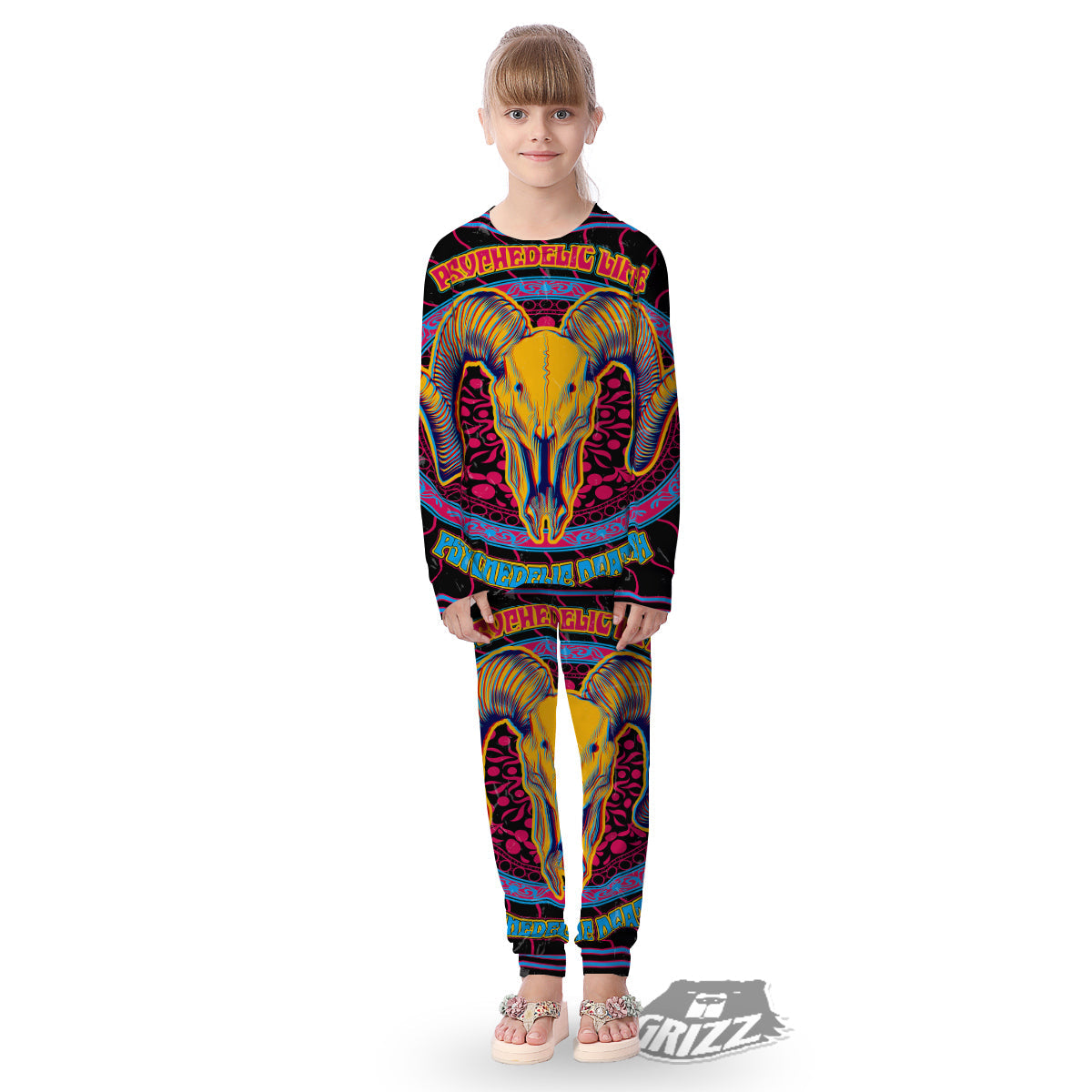 Psychedelic And Ram Skull Print Kid's Pajamas-grizzshop