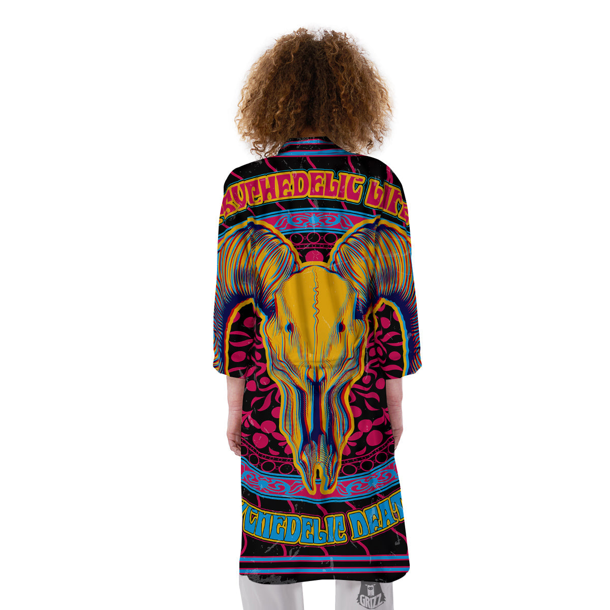Psychedelic And Ram Skull Print Kimono-grizzshop