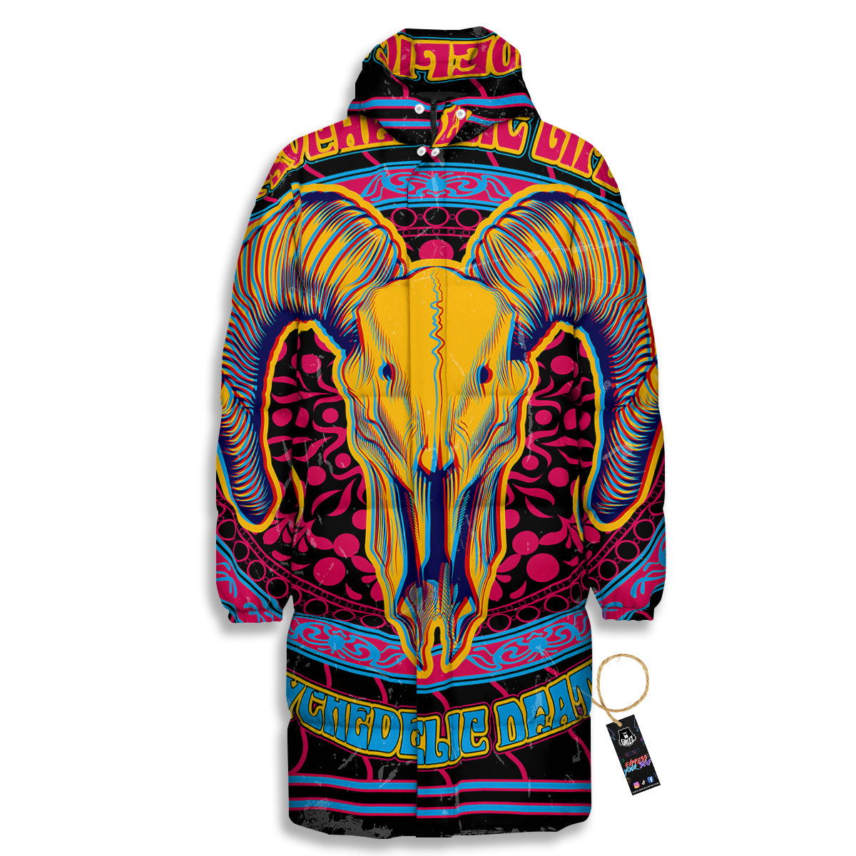 Psychedelic And Ram Skull Print Long Down Jacket-grizzshop