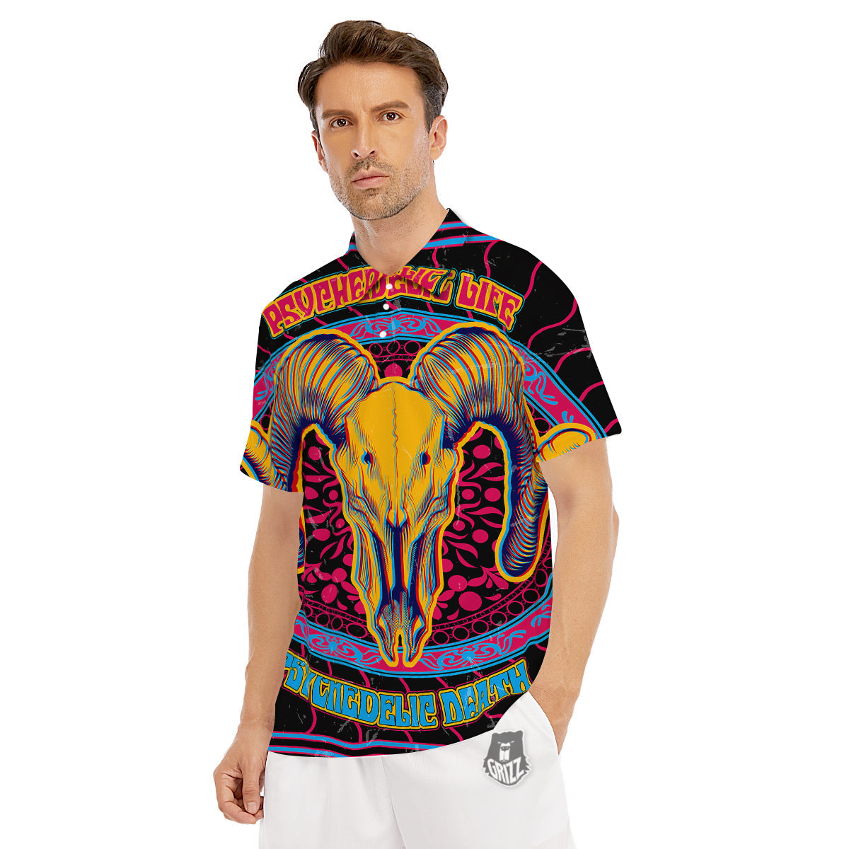 Psychedelic And Ram Skull Print Men's Golf Shirts-grizzshop