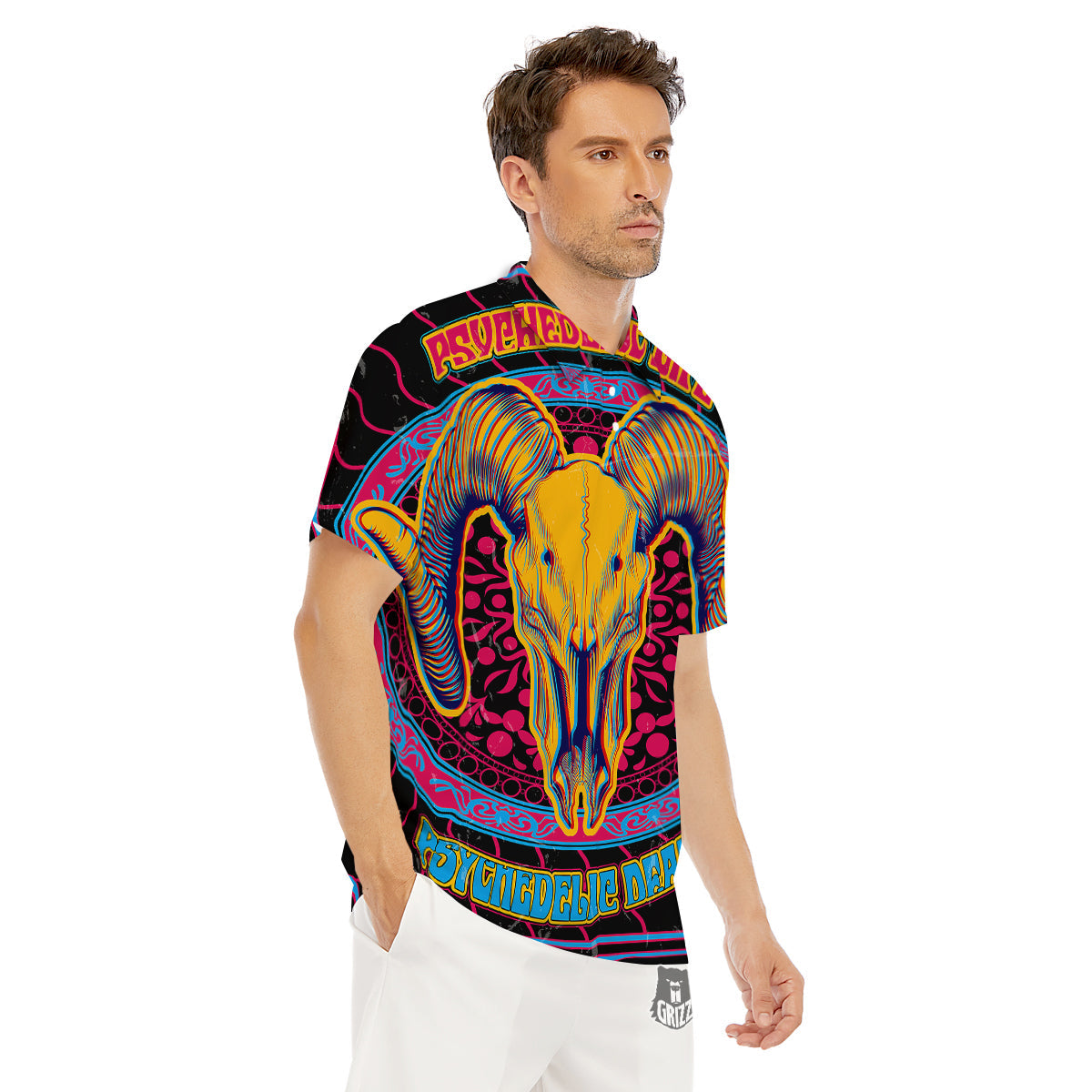 Psychedelic And Ram Skull Print Men's Golf Shirts-grizzshop