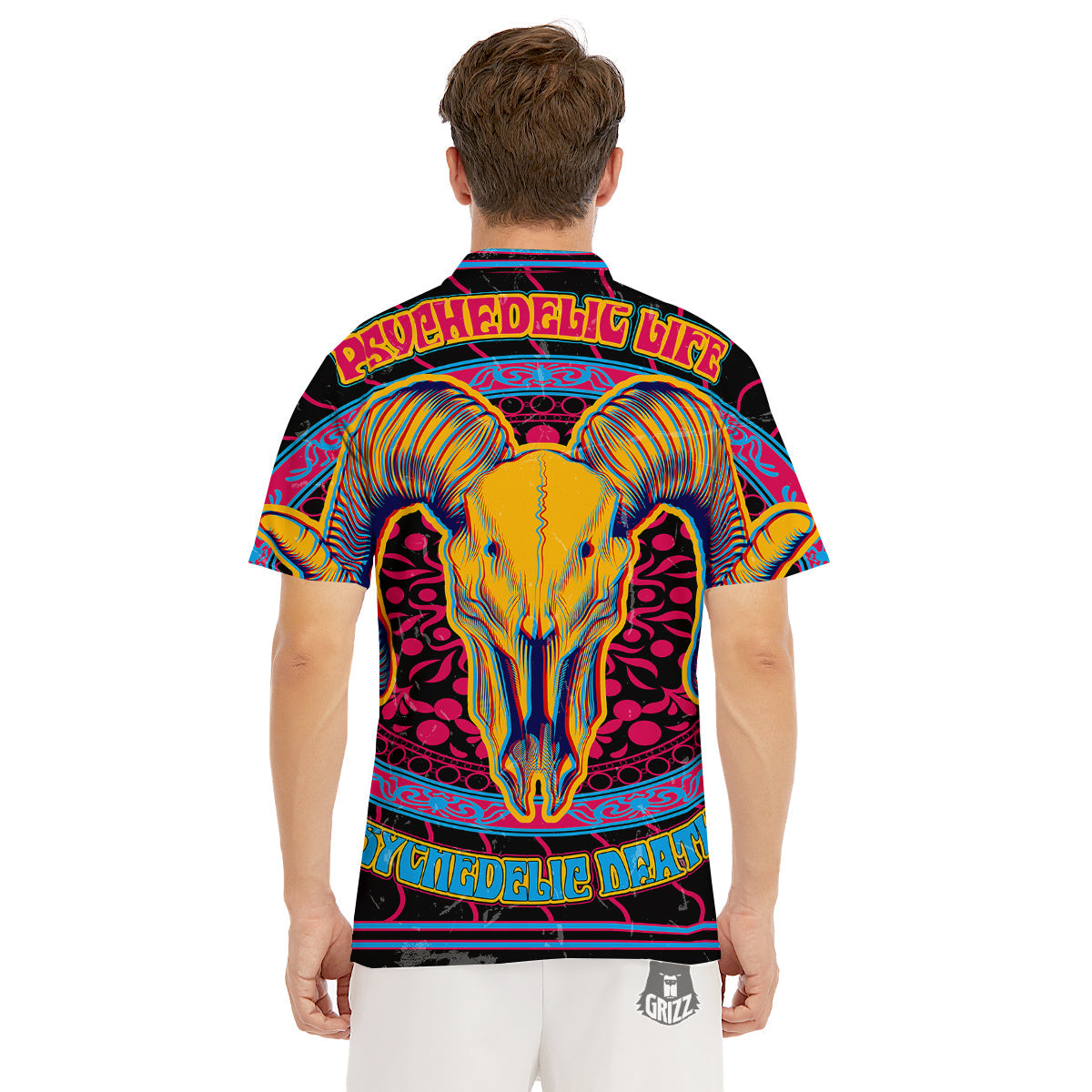 Psychedelic And Ram Skull Print Men's Golf Shirts-grizzshop