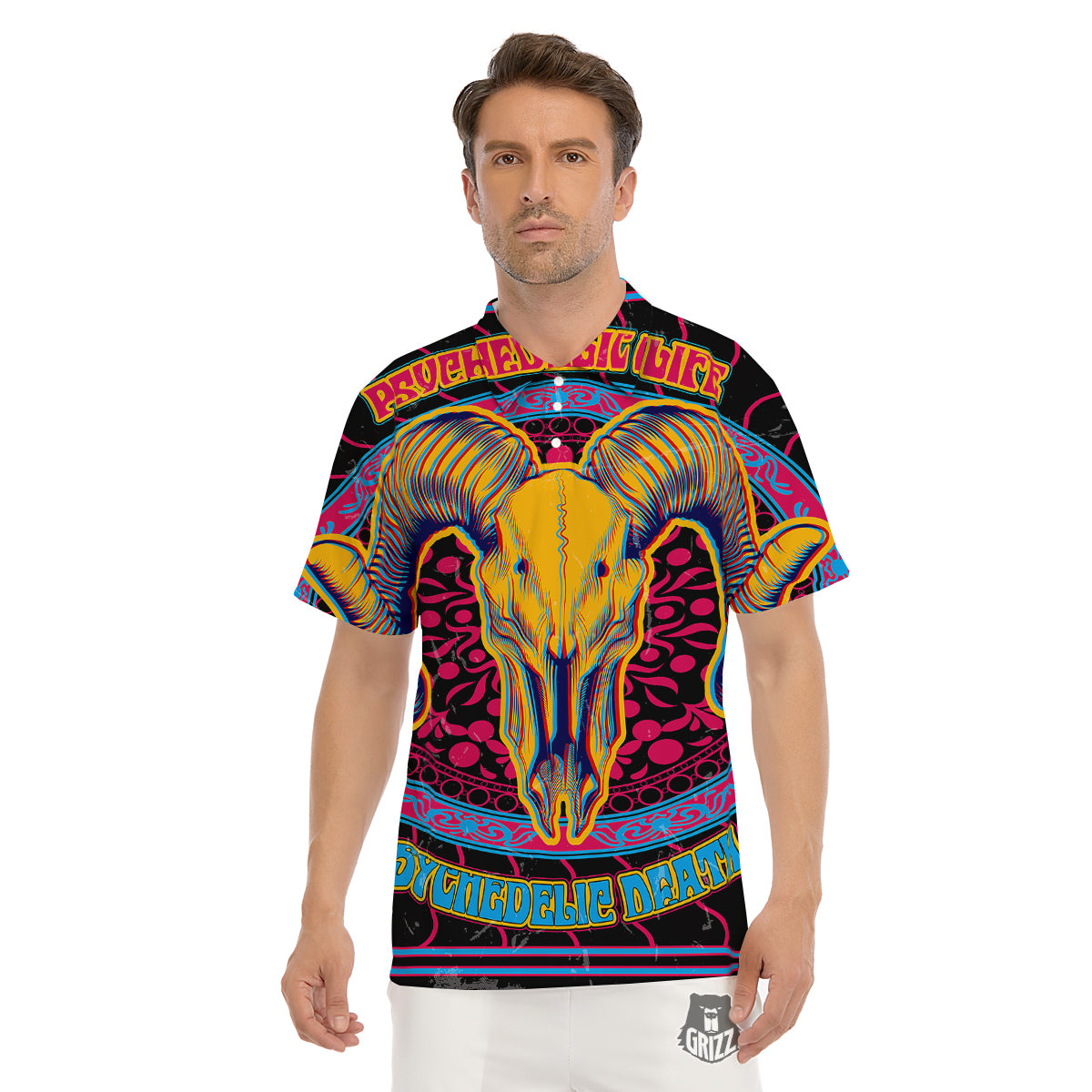 Psychedelic And Ram Skull Print Men's Golf Shirts-grizzshop