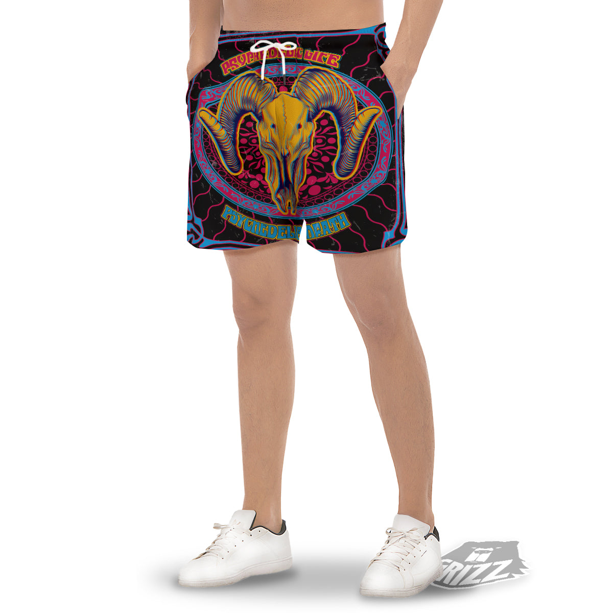 Psychedelic And Ram Skull Print Men's Gym Shorts-grizzshop