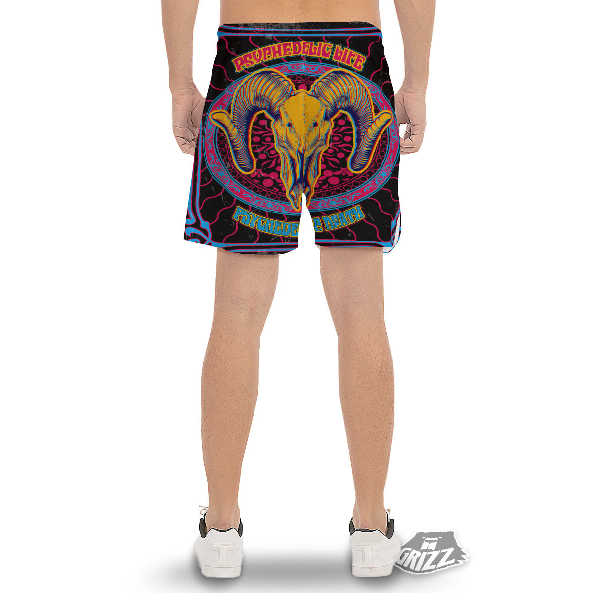 Psychedelic And Ram Skull Print Men's Gym Shorts-grizzshop