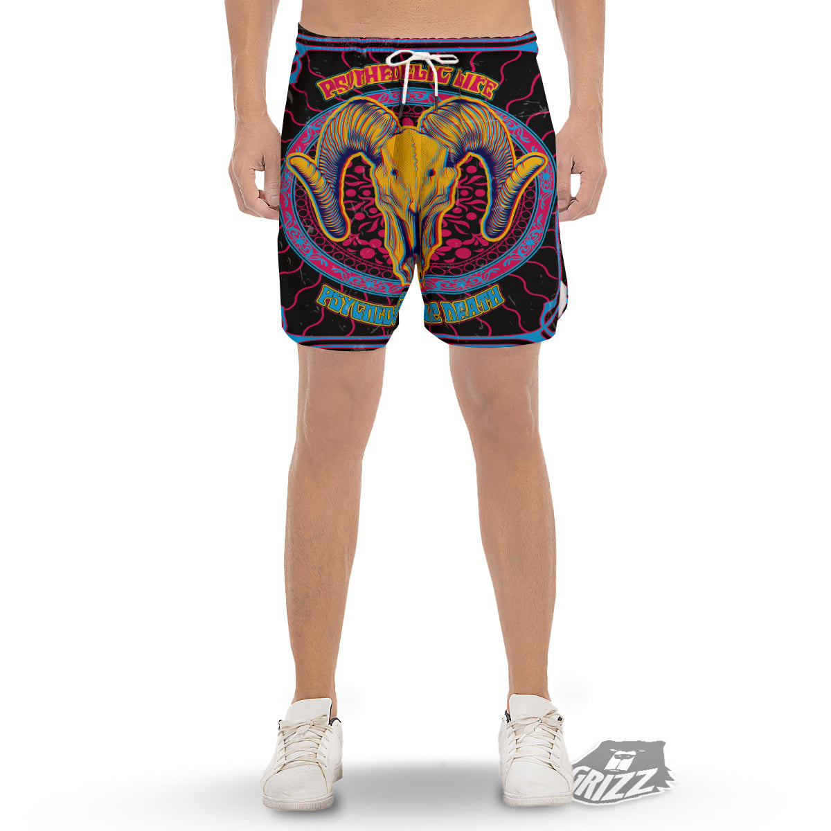 Psychedelic And Ram Skull Print Men's Gym Shorts-grizzshop