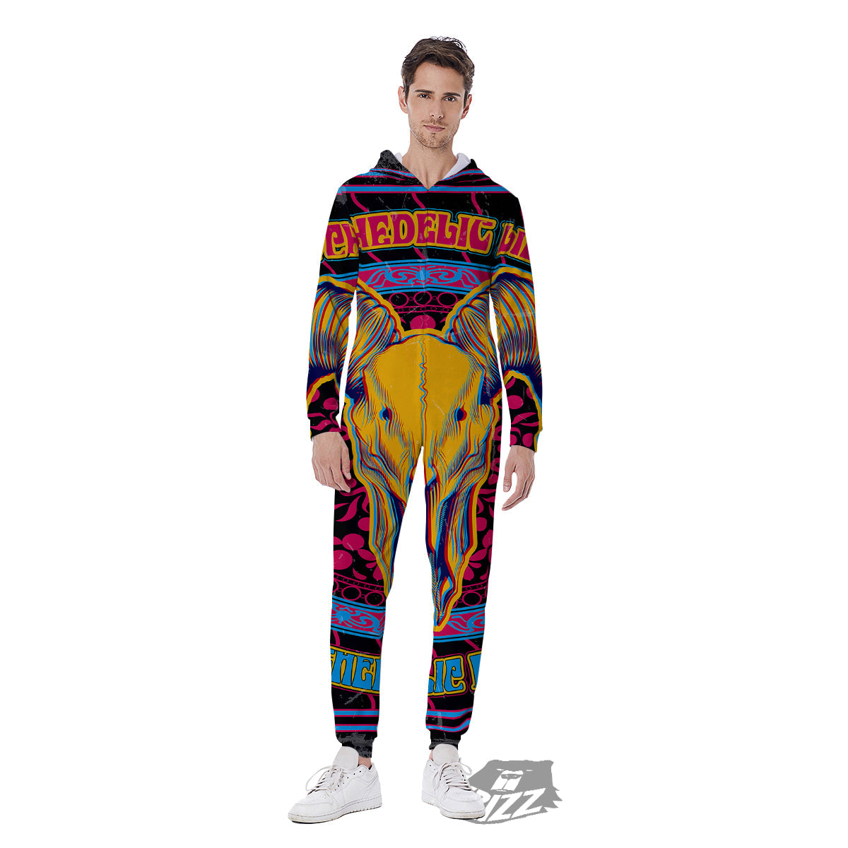 Psychedelic And Ram Skull Print Men's Jumpsuit-grizzshop