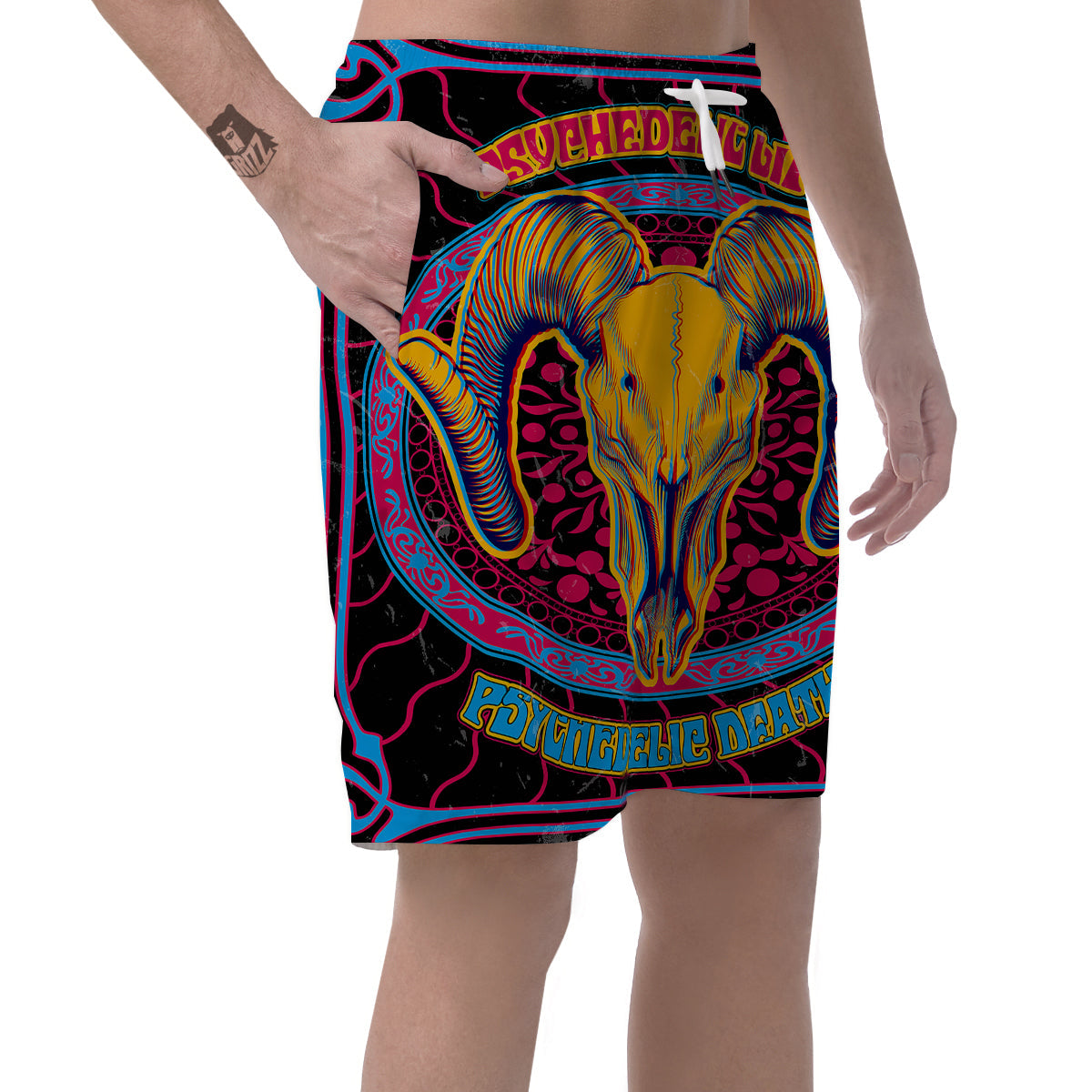 Psychedelic And Ram Skull Print Men's Shorts-grizzshop