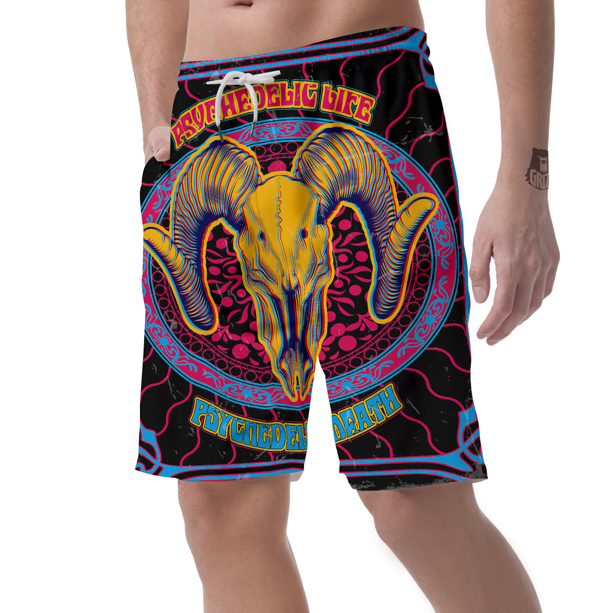 Psychedelic And Ram Skull Print Men's Shorts-grizzshop