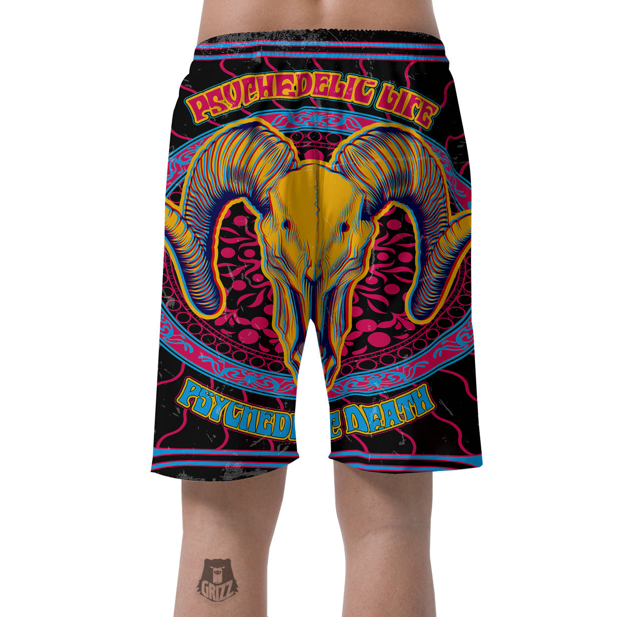 Psychedelic And Ram Skull Print Men's Shorts-grizzshop