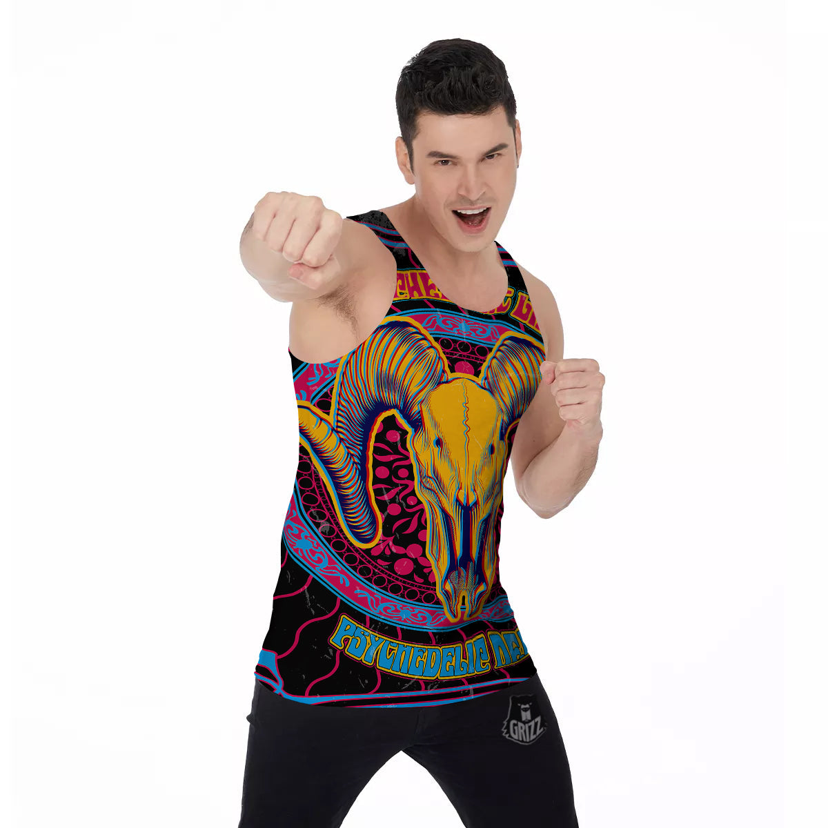 Psychedelic And Ram Skull Print Men's Tank Top-grizzshop