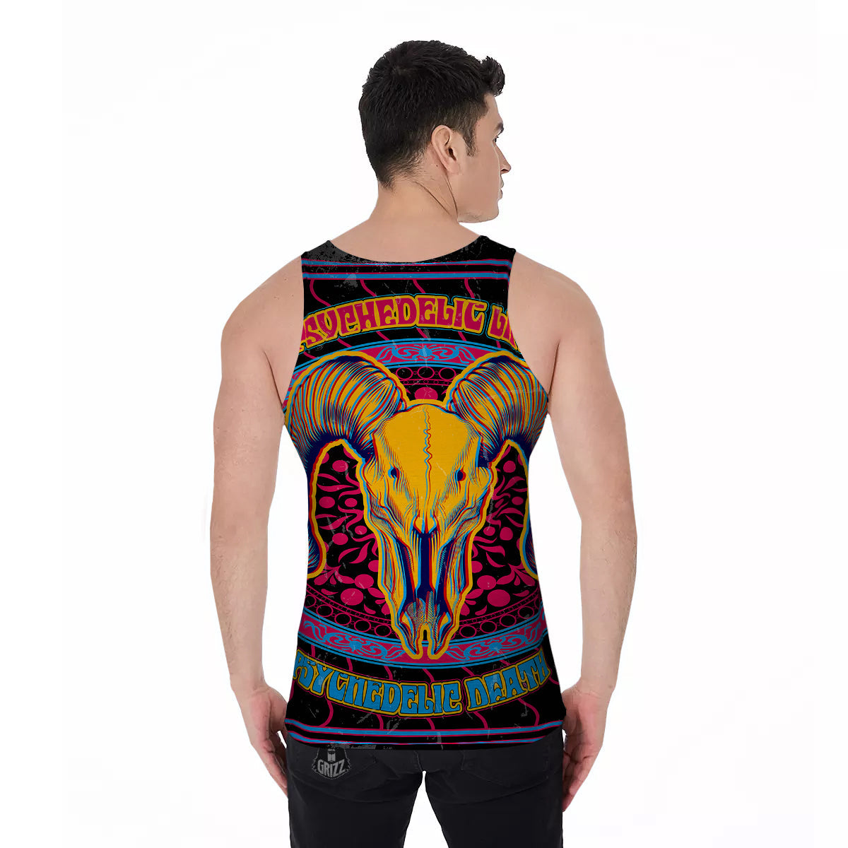 Psychedelic And Ram Skull Print Men's Tank Top-grizzshop
