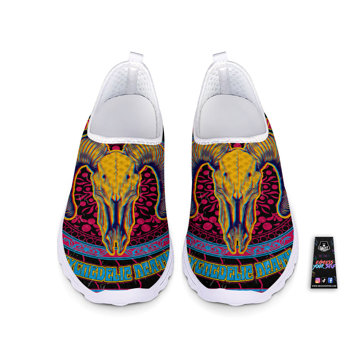 Psychedelic And Ram Skull Print Nurse Shoes-grizzshop
