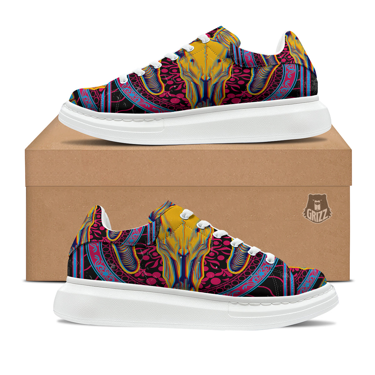 Psychedelic And Ram Skull Print Platform Shoes-grizzshop