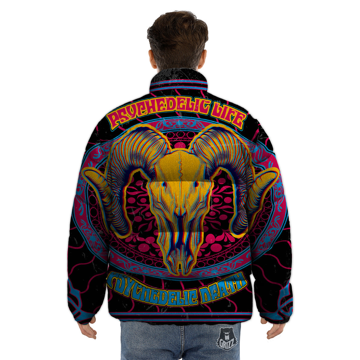 Psychedelic And Ram Skull Print Puffer Jacket-grizzshop