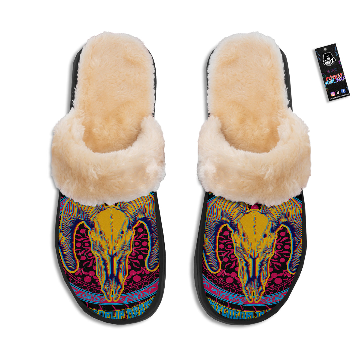 Psychedelic And Ram Skull Print Slippers-grizzshop