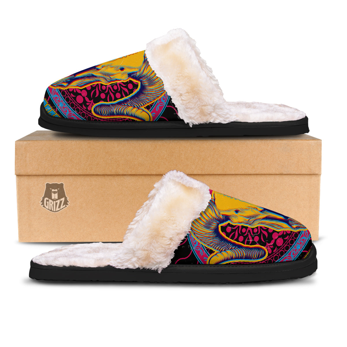 Psychedelic And Ram Skull Print Slippers-grizzshop
