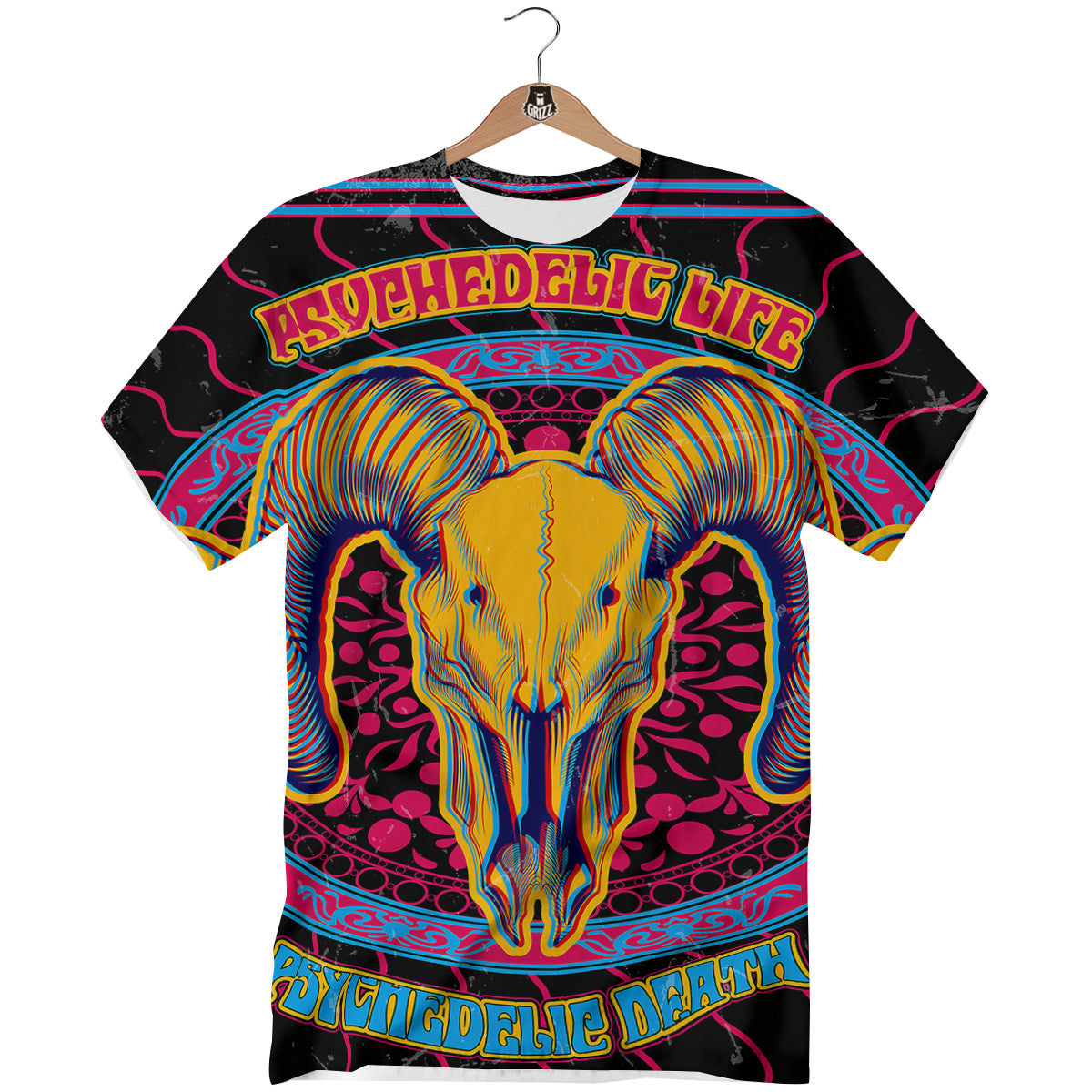 Psychedelic And Ram Skull Print T-Shirt-grizzshop