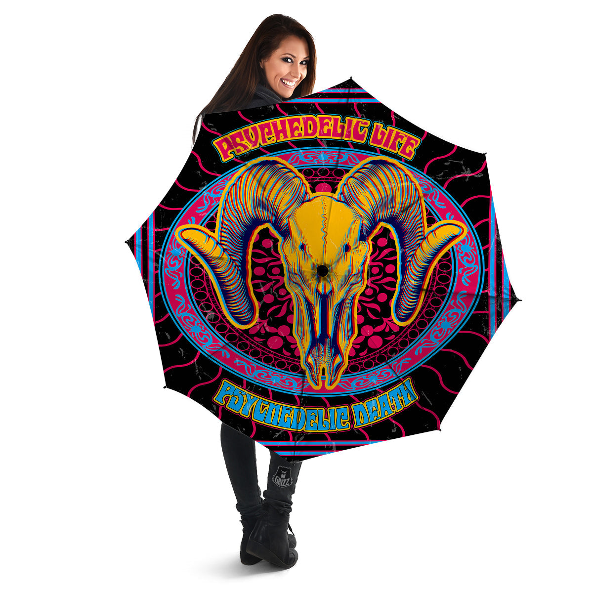 Psychedelic And Ram Skull Print Umbrella-grizzshop