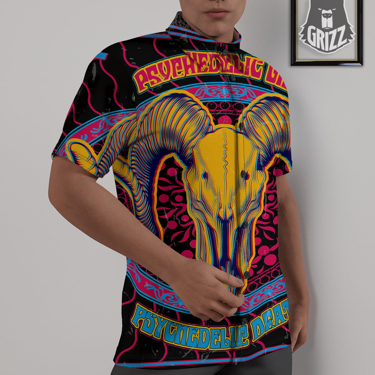 Psychedelic And Ram Skull Print Untucked Shirts-grizzshop