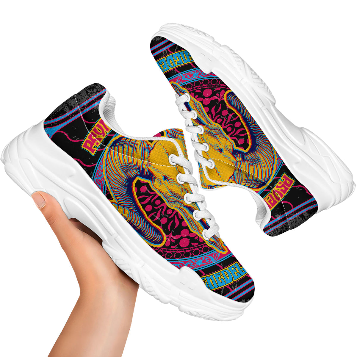 Psychedelic And Ram Skull Print White Chunky Shoes-grizzshop