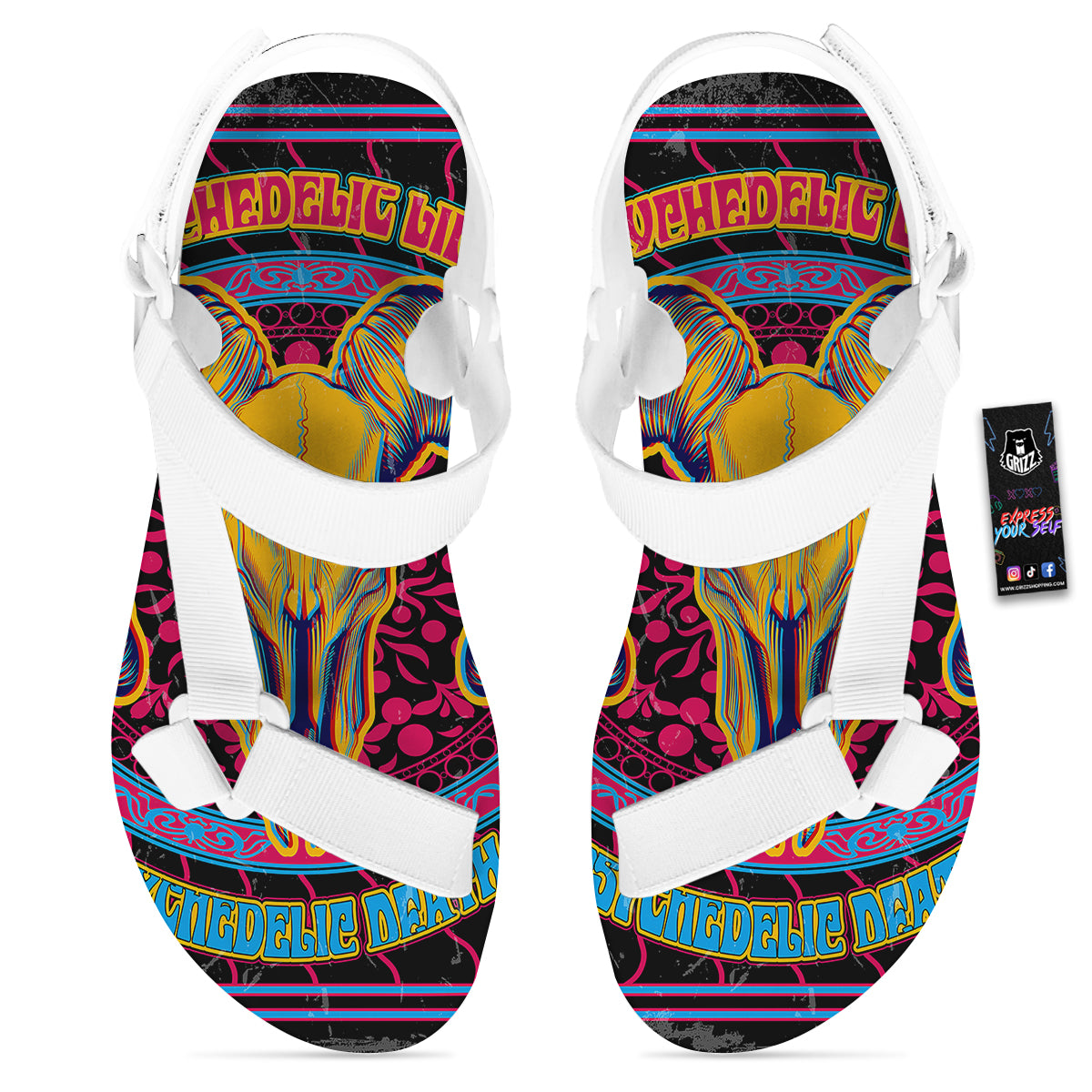 Psychedelic And Ram Skull Print White Open Toe Sandals-grizzshop
