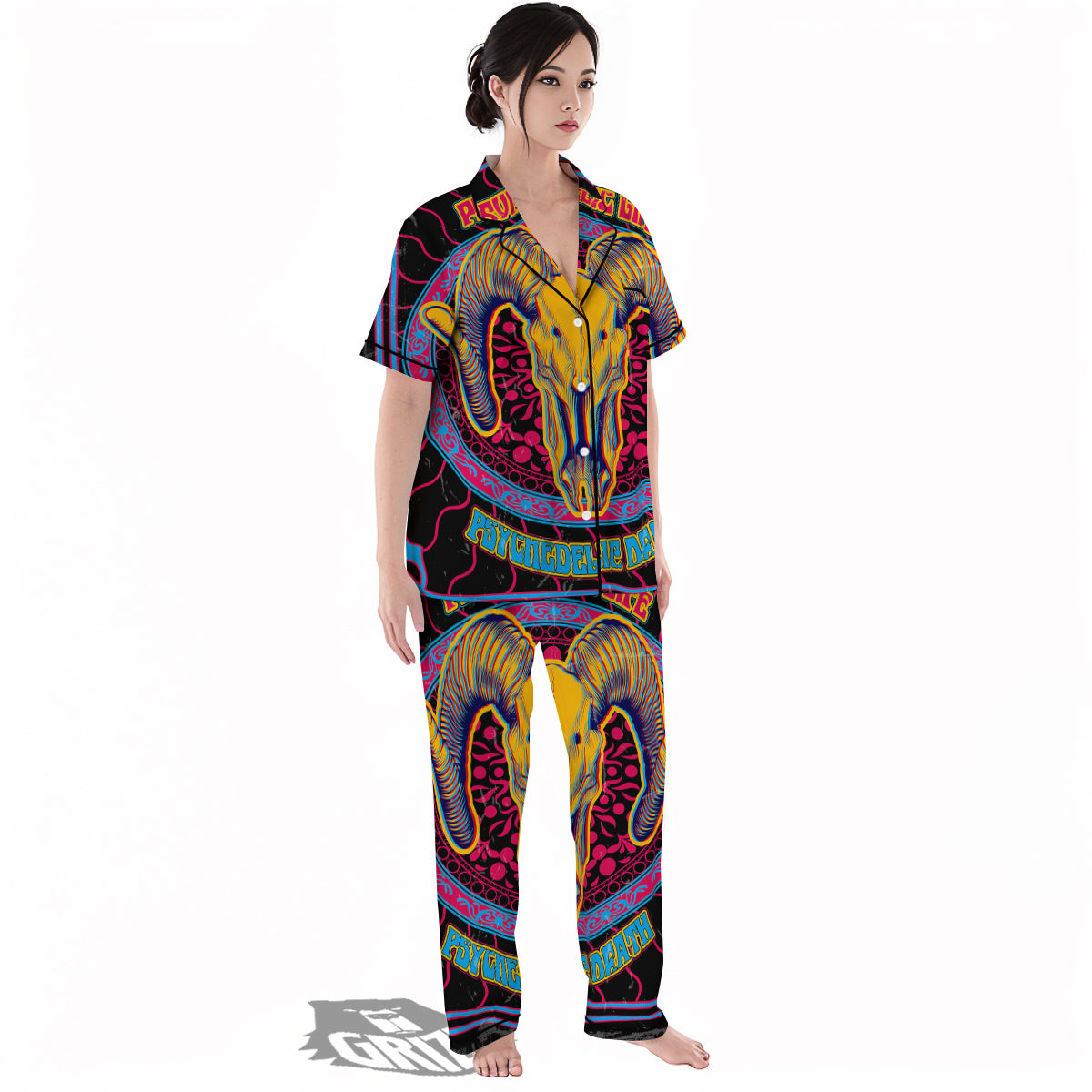 Psychedelic And Ram Skull Print Women's Pajamas Set-grizzshop