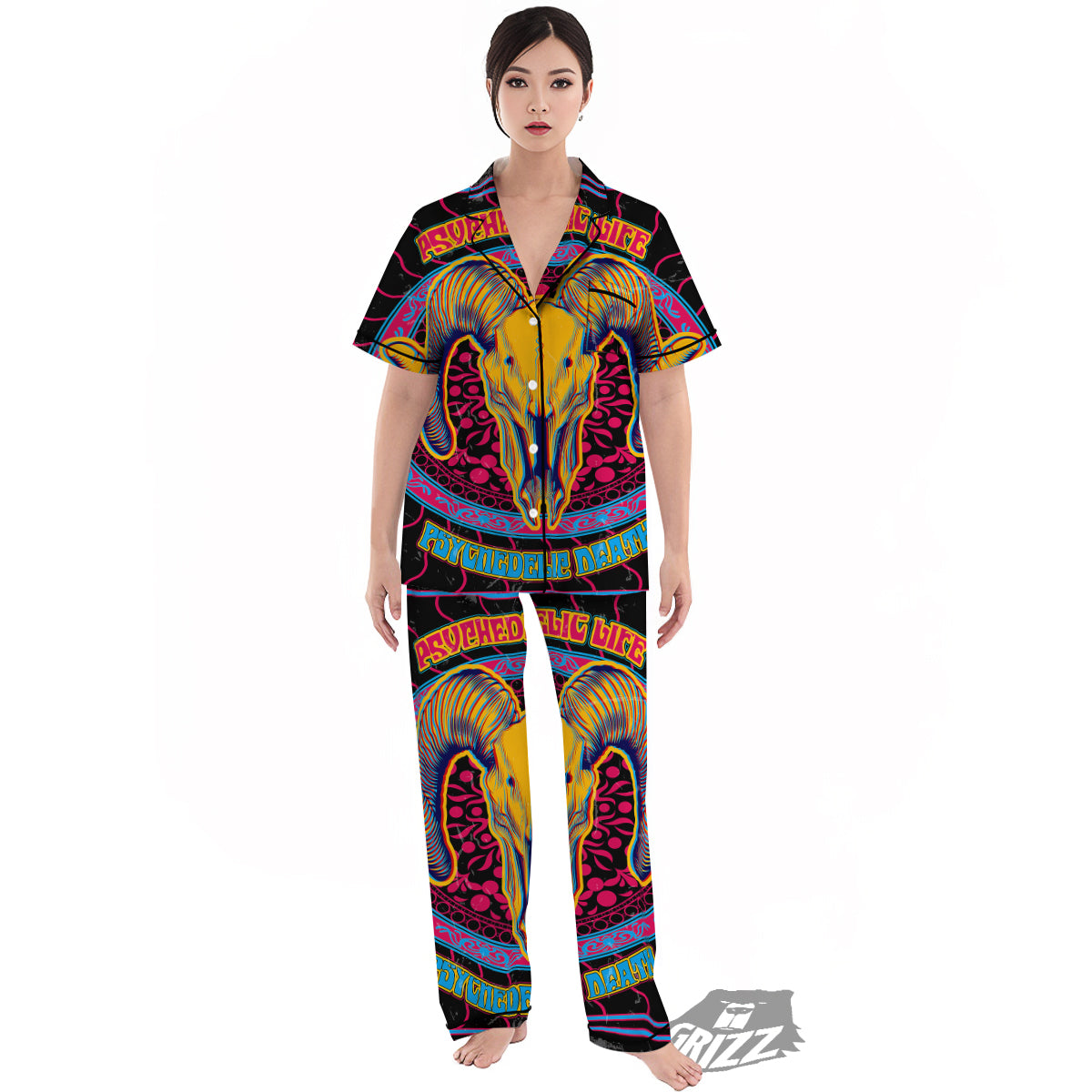 Psychedelic And Ram Skull Print Women's Pajamas Set-grizzshop