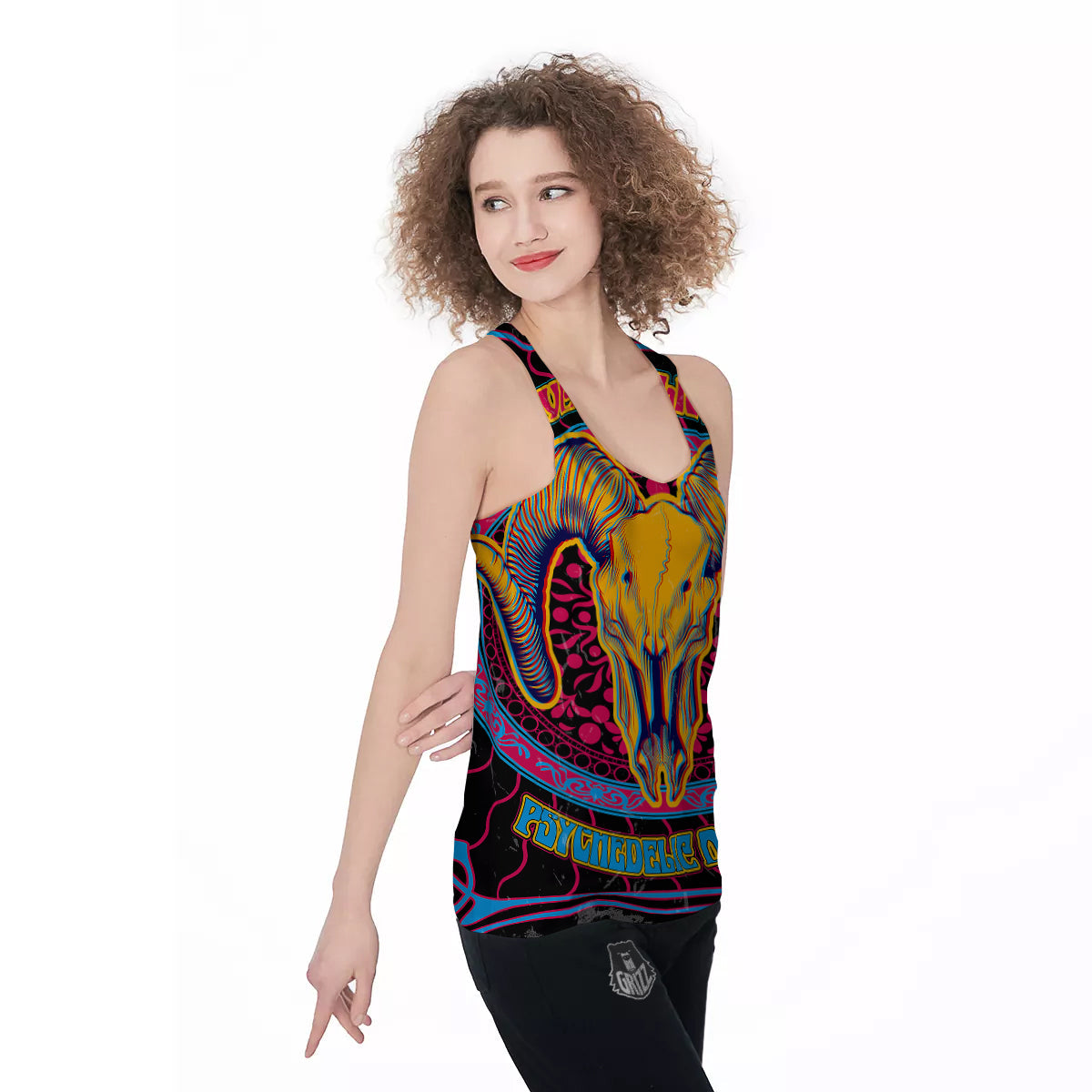 Psychedelic And Ram Skull Print Women's Racerback Tank Top-grizzshop