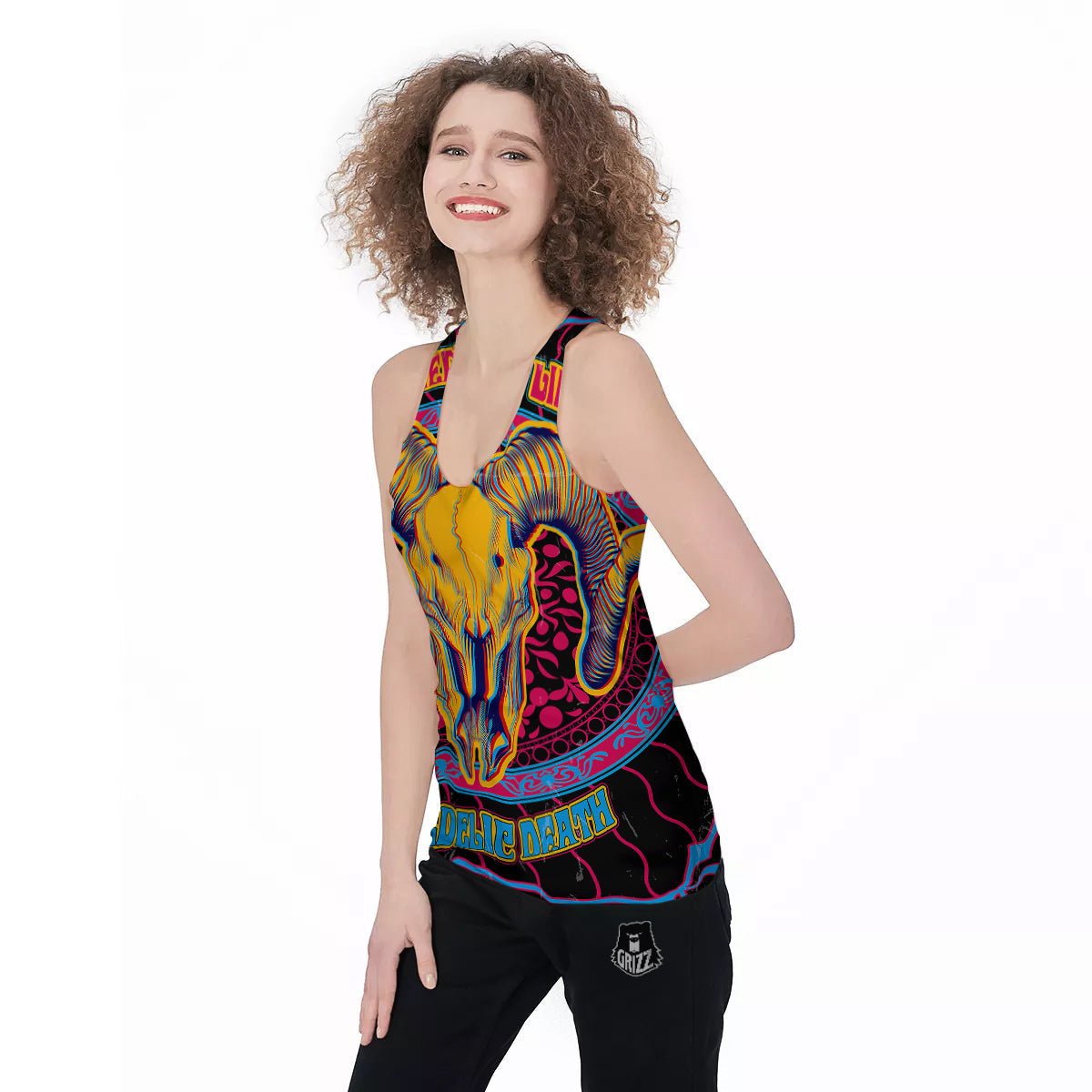 Psychedelic And Ram Skull Print Women's Racerback Tank Top-grizzshop