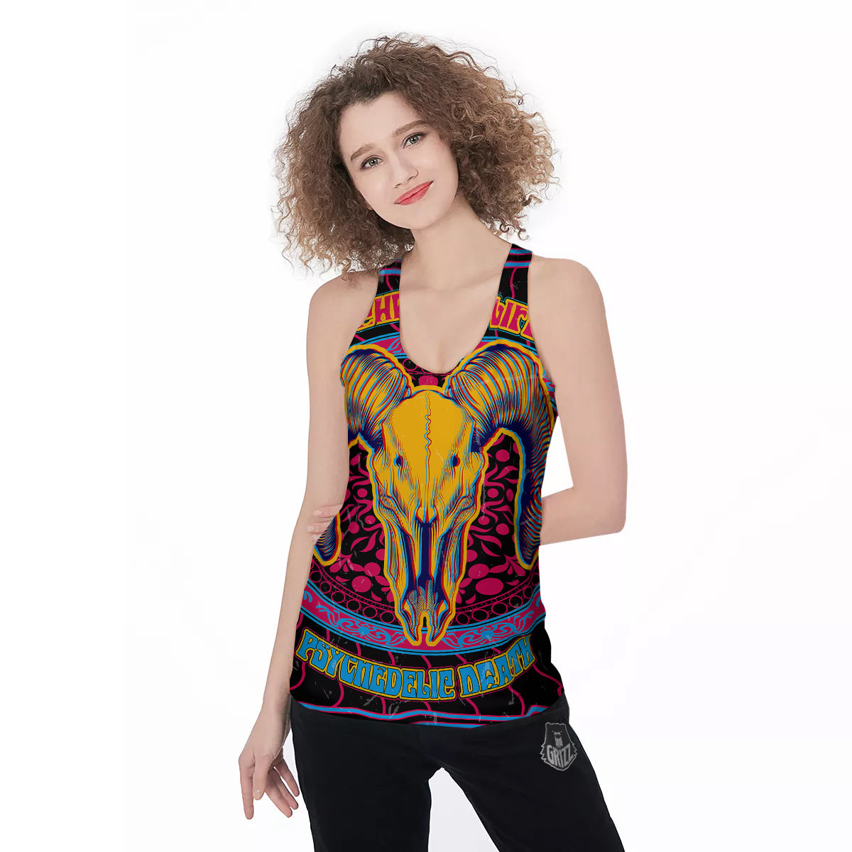 Psychedelic And Ram Skull Print Women's Racerback Tank Top-grizzshop