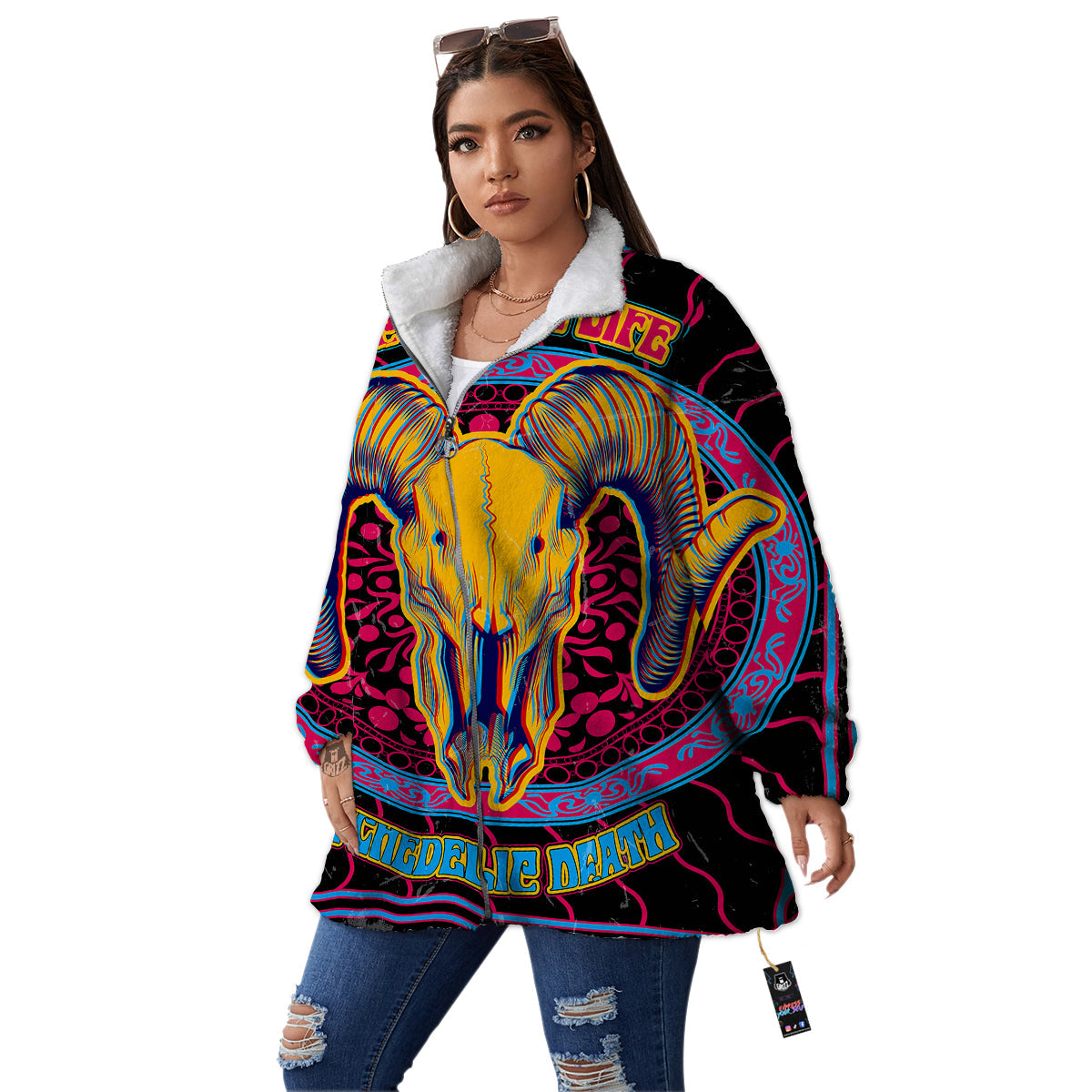 Psychedelic And Ram Skull Print Women's Sherpa Jacket-grizzshop
