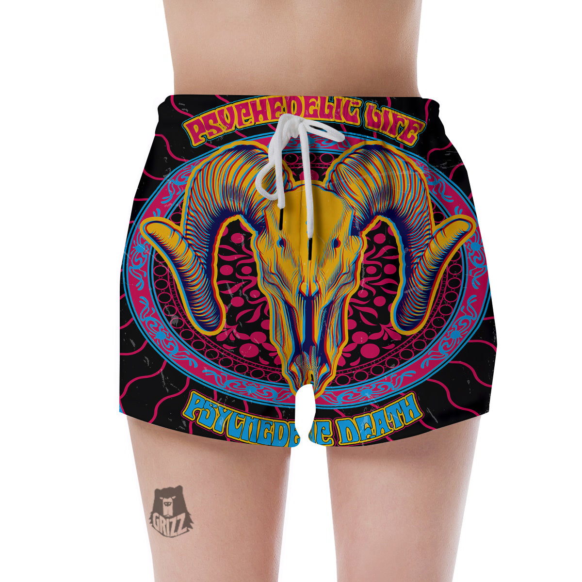 Psychedelic And Ram Skull Print Women's Shorts-grizzshop