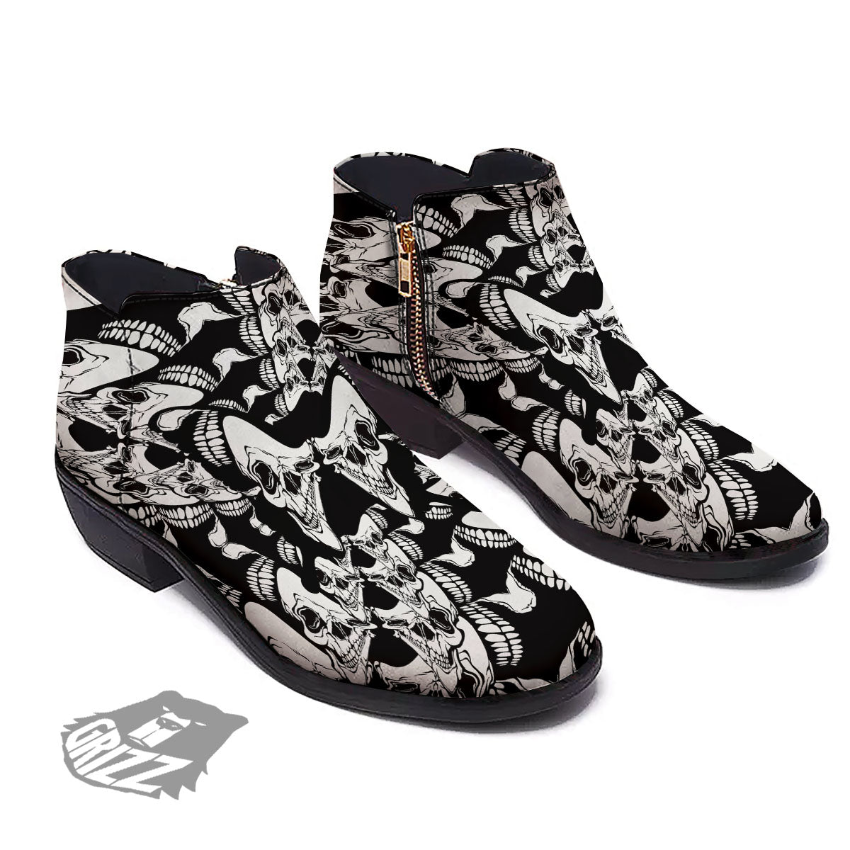 Psychedelic Black And White Skull Print Ankle Boots-grizzshop