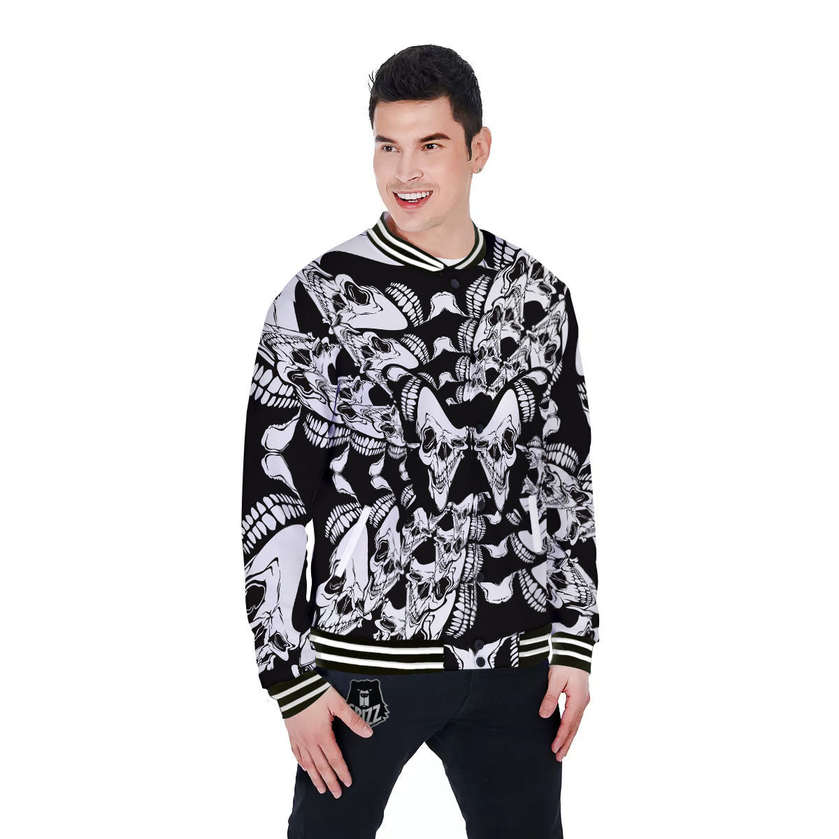Psychedelic Black And White Skull Print Baseball Jacket-grizzshop