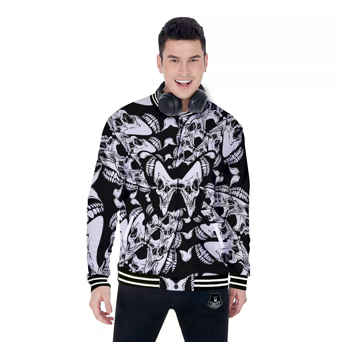Psychedelic Black And White Skull Print Baseball Jacket-grizzshop