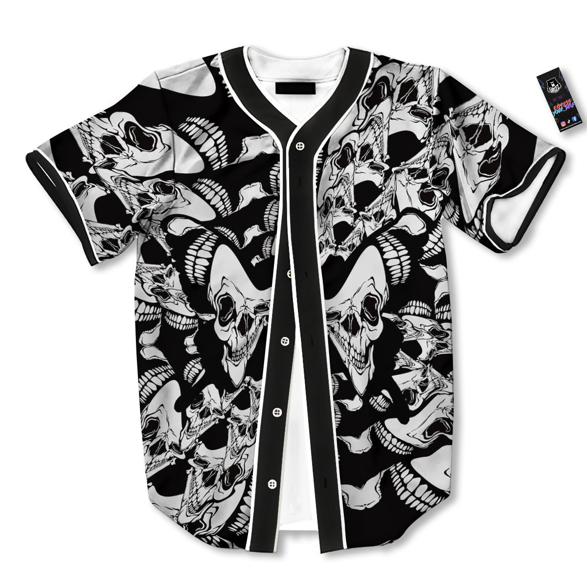 Psychedelic Black And White Skull Print Baseball Jersey-grizzshop