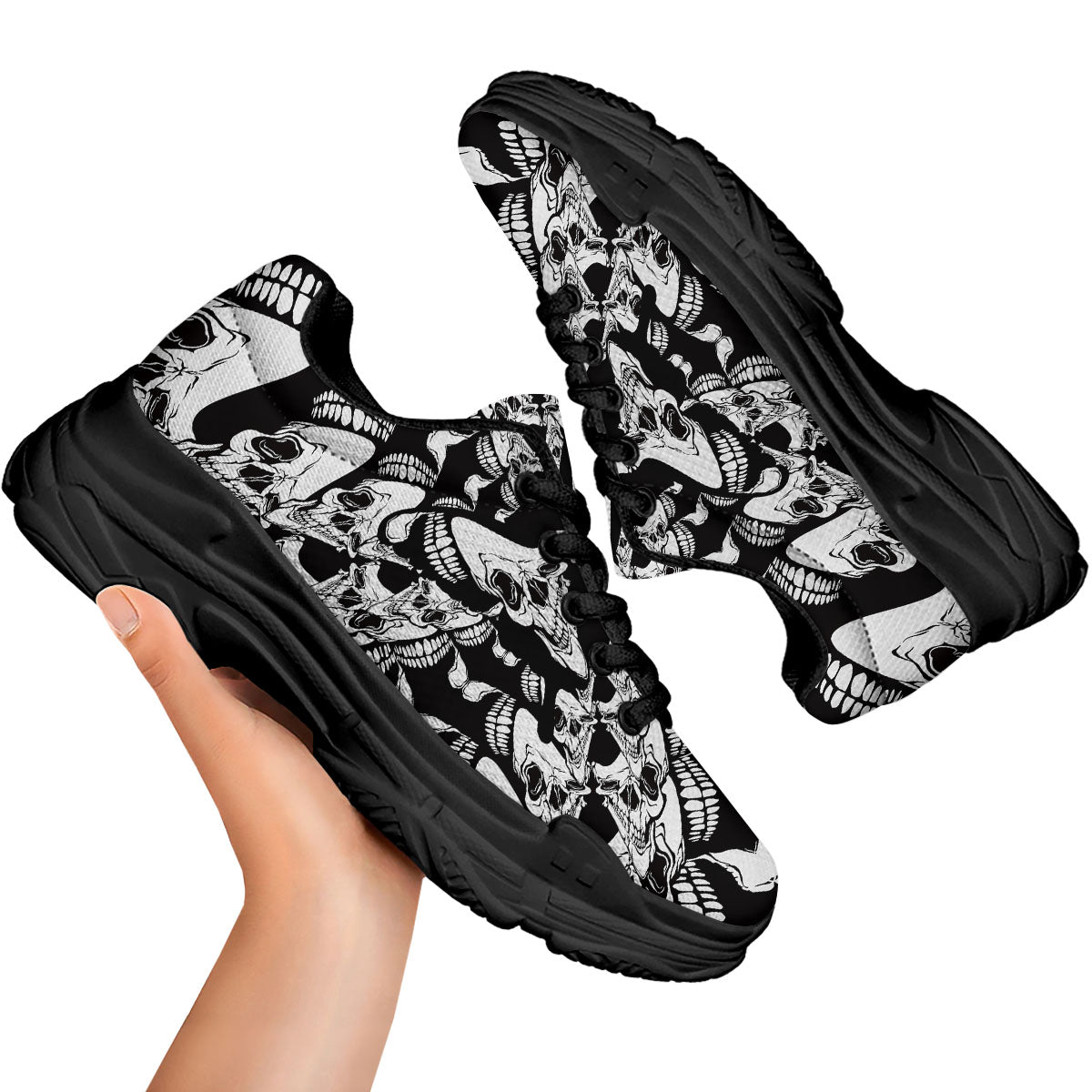 Psychedelic Black And White Skull Print Black Chunky Shoes-grizzshop
