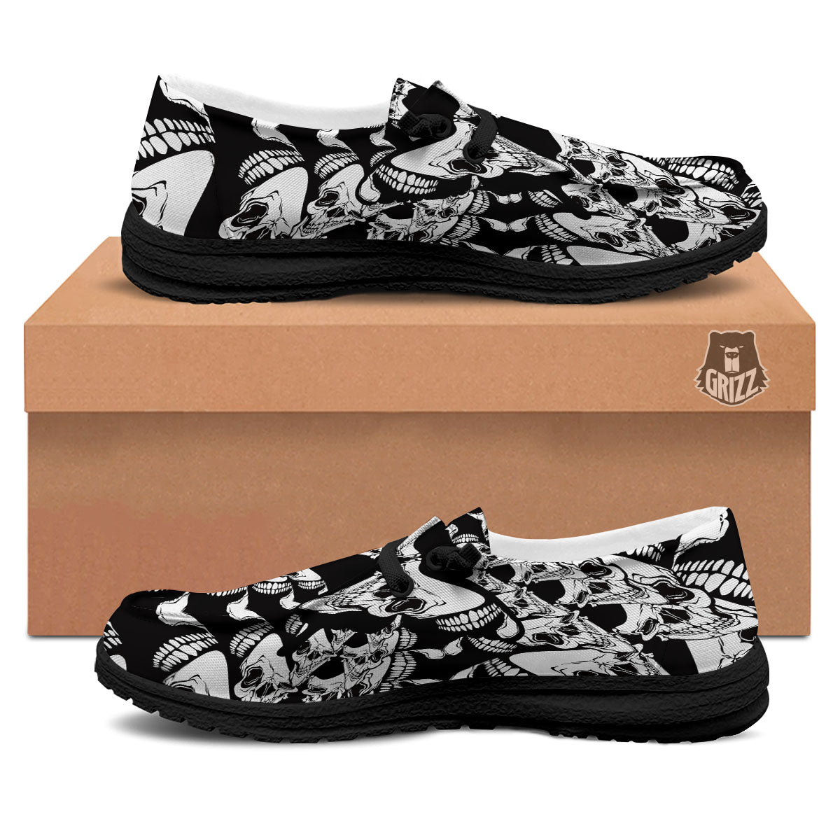 Psychedelic Black And White Skull Print Black Loafers-grizzshop