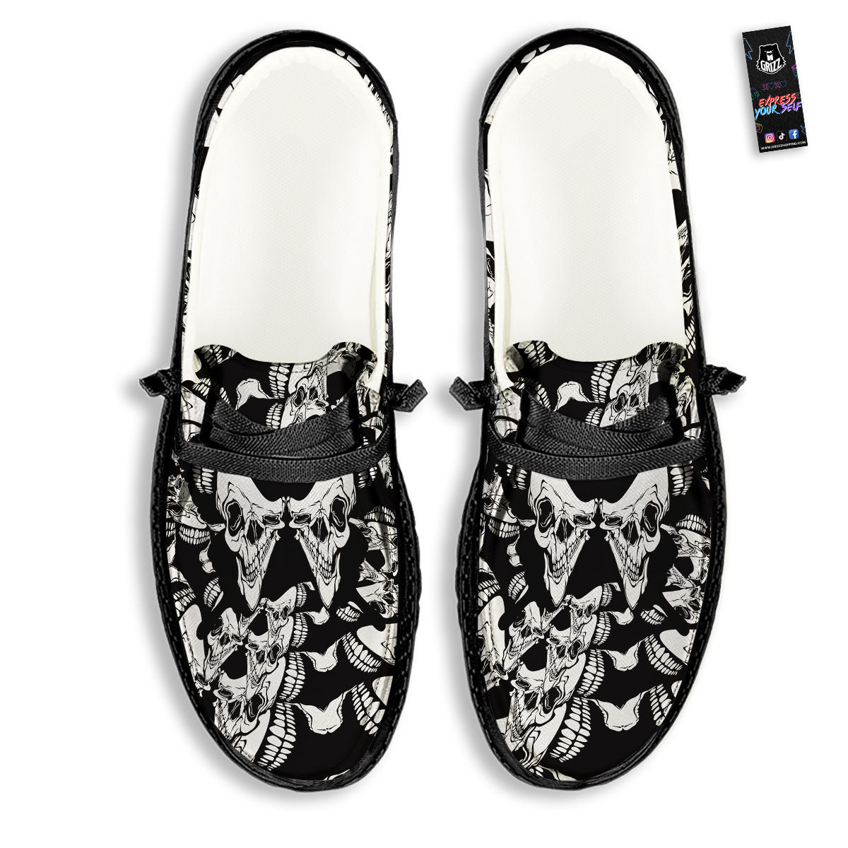 Psychedelic Black And White Skull Print Black Loafers-grizzshop