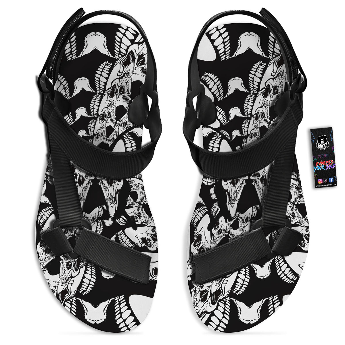 Psychedelic Black And White Skull Print Black Open Toe Sandals-grizzshop
