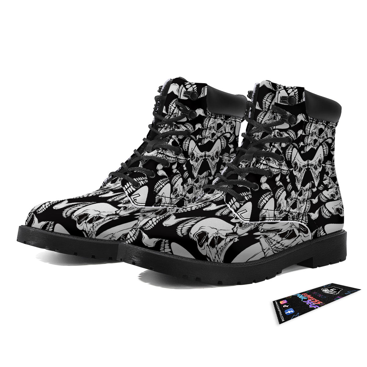 Psychedelic Black And White Skull Print Boots-grizzshop