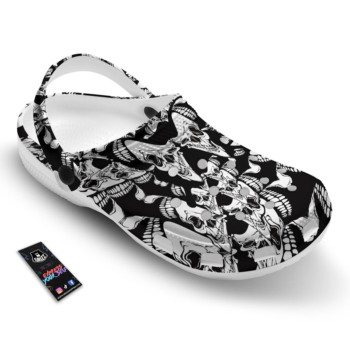 Psychedelic Black And White Skull Print Clog-grizzshop