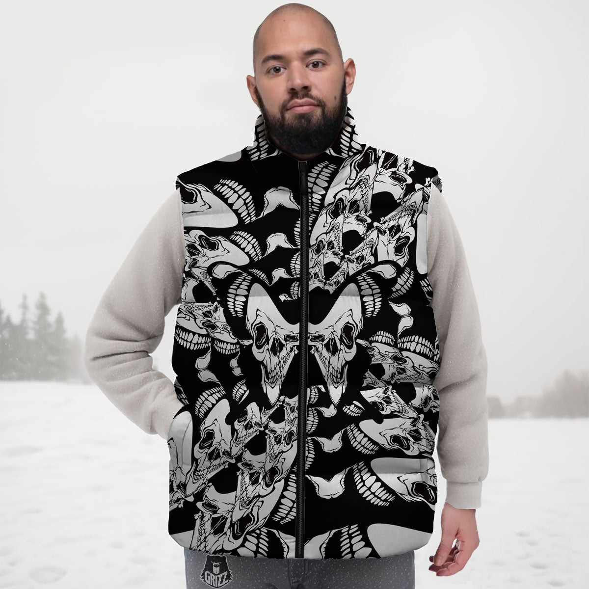 Psychedelic Black And White Skull Print Down Vest