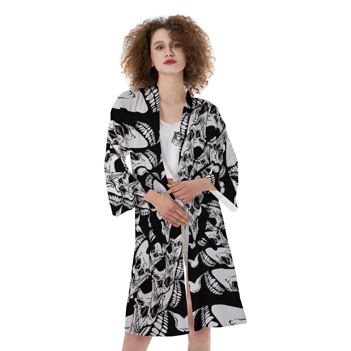 Psychedelic Black And White Skull Print Kimono-grizzshop
