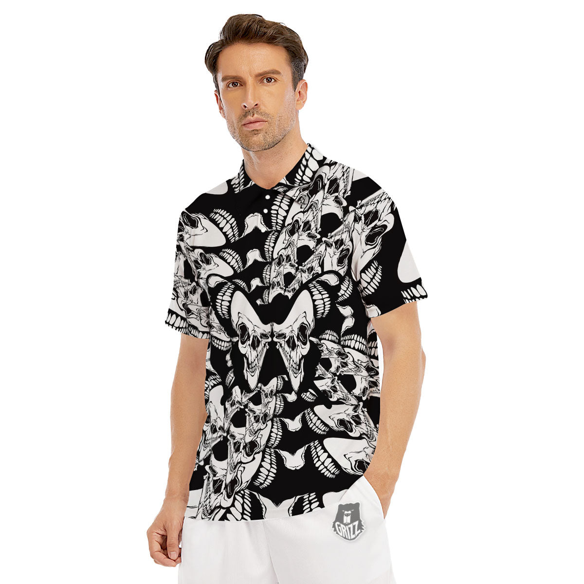 Psychedelic Black And White Skull Print Men's Golf Shirts-grizzshop