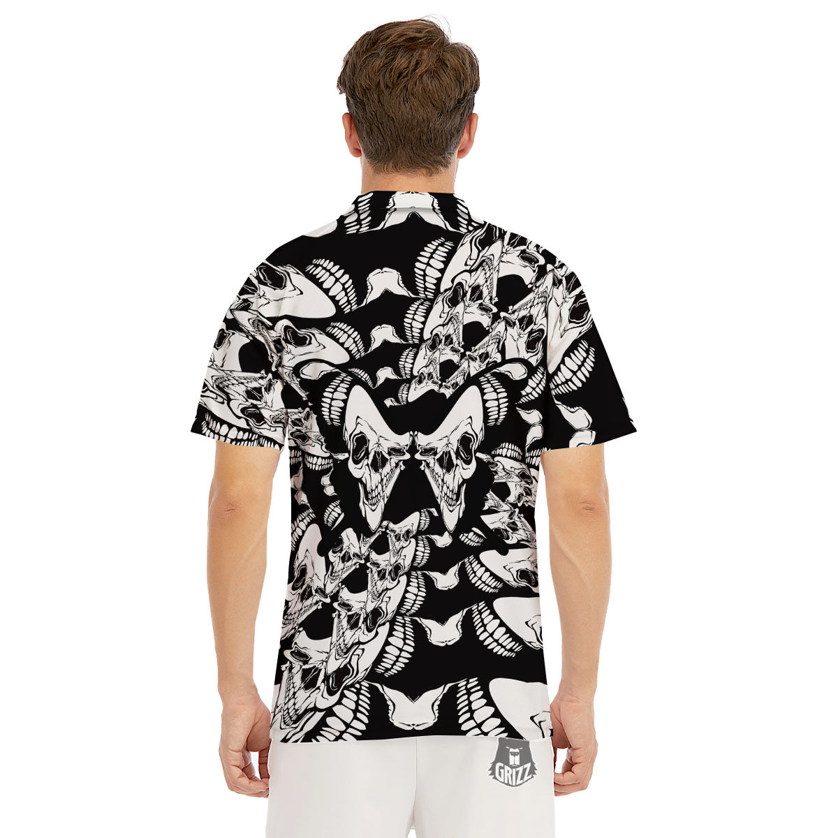 Psychedelic Black And White Skull Print Men's Golf Shirts-grizzshop