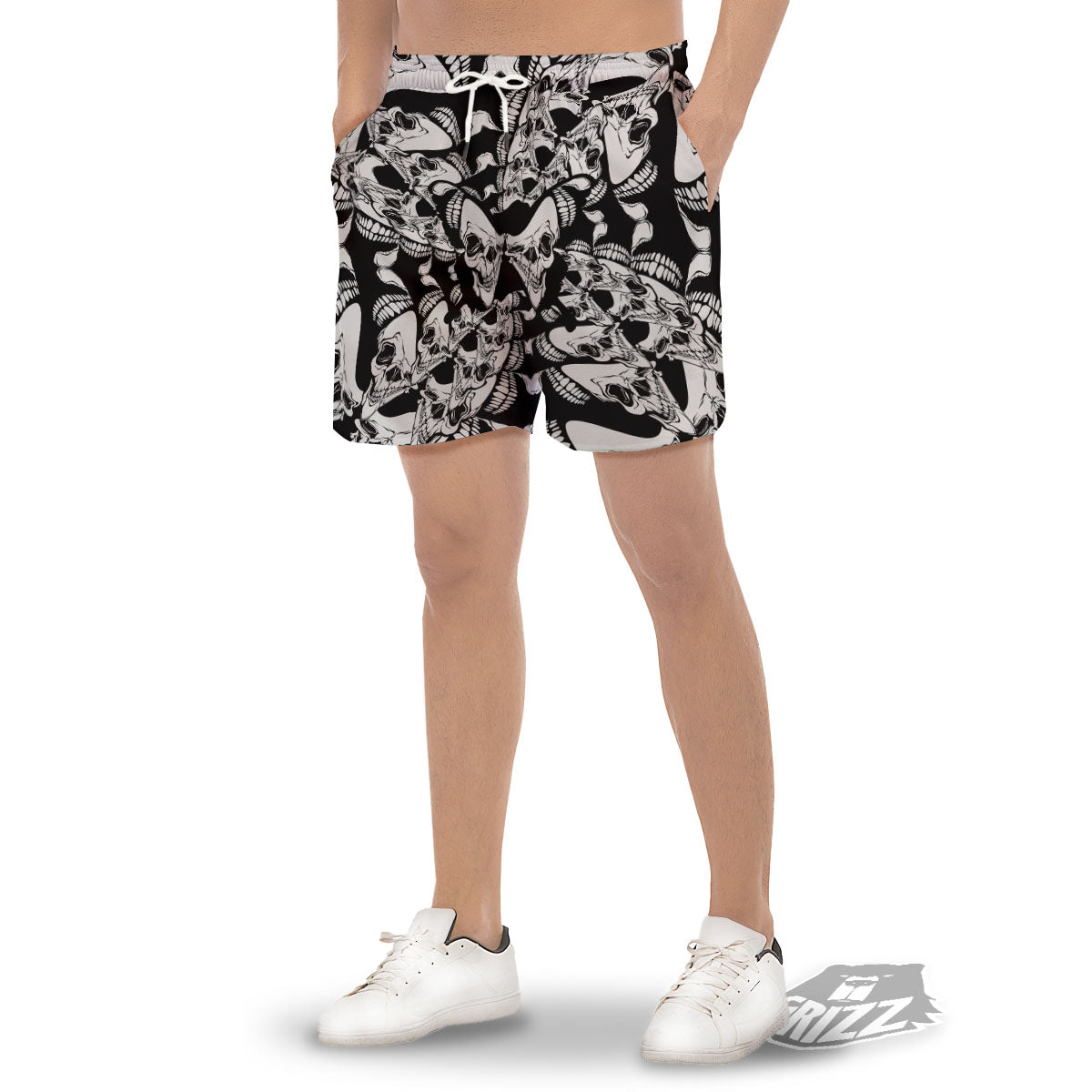 Psychedelic Black And White Skull Print Men's Gym Shorts-grizzshop