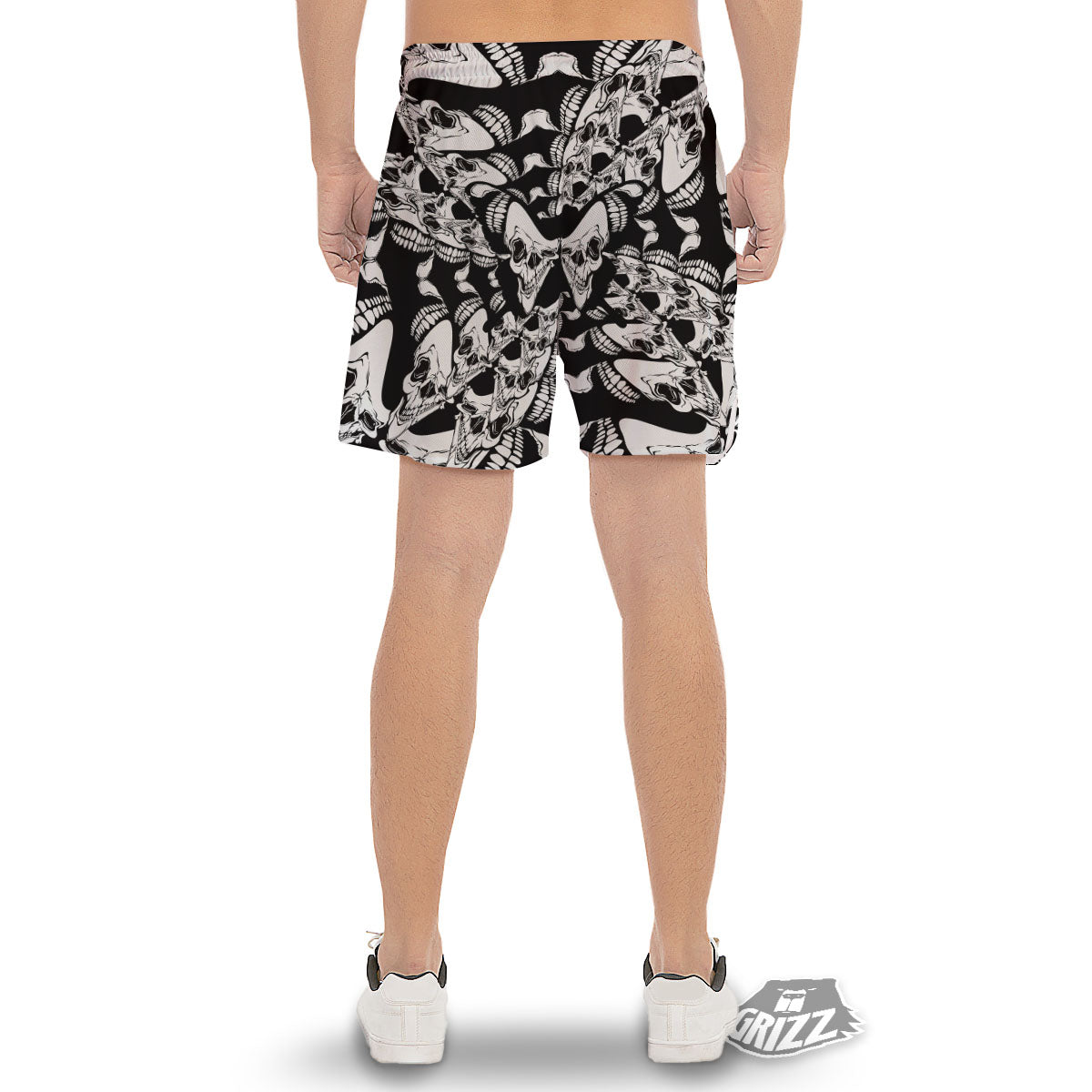 Psychedelic Black And White Skull Print Men's Gym Shorts-grizzshop