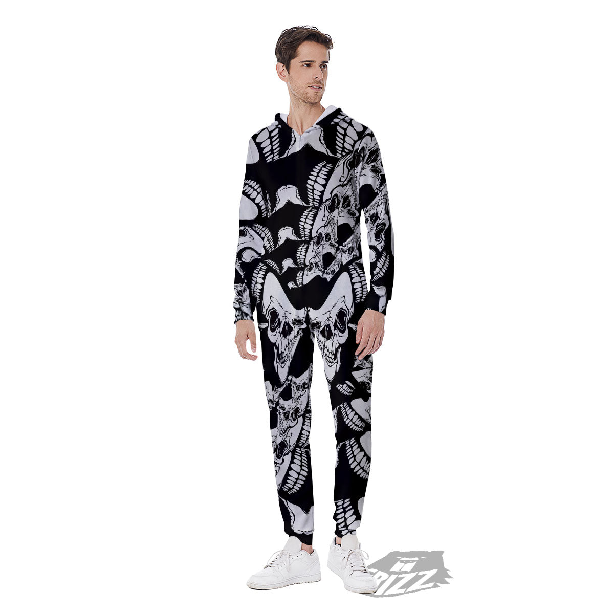 Psychedelic Black And White Skull Print Men's Jumpsuit-grizzshop